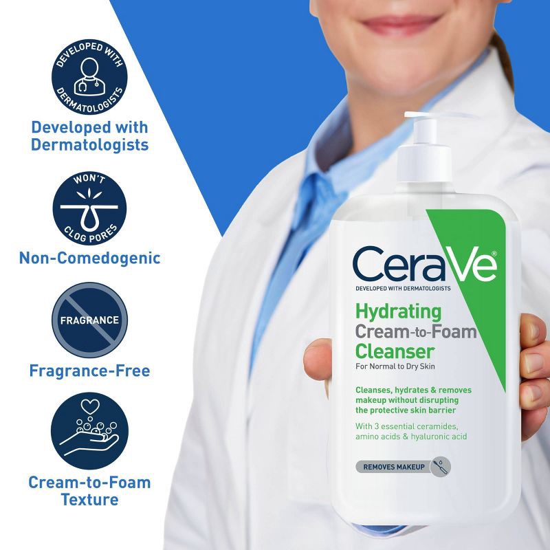 slide 3 of 10, CeraVe Hydrating Cream-to-Foam Face Wash with Hyaluronic Acid for Normal to Dry Skin - 8 fl oz, 8 fl oz