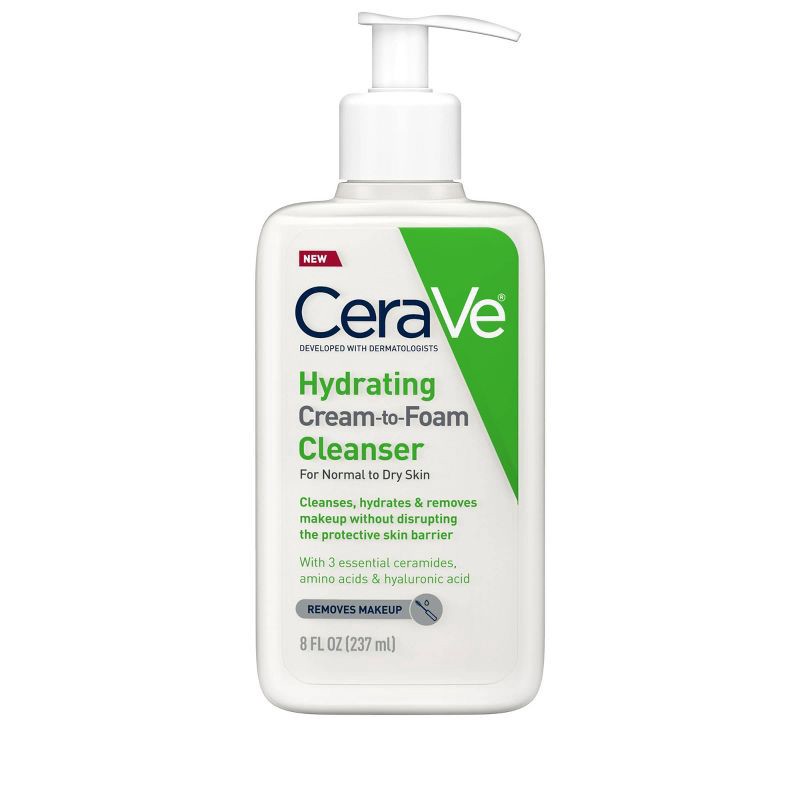 slide 8 of 10, CeraVe Hydrating Cream-to-Foam Face Wash with Hyaluronic Acid for Normal to Dry Skin - 8 fl oz, 8 fl oz