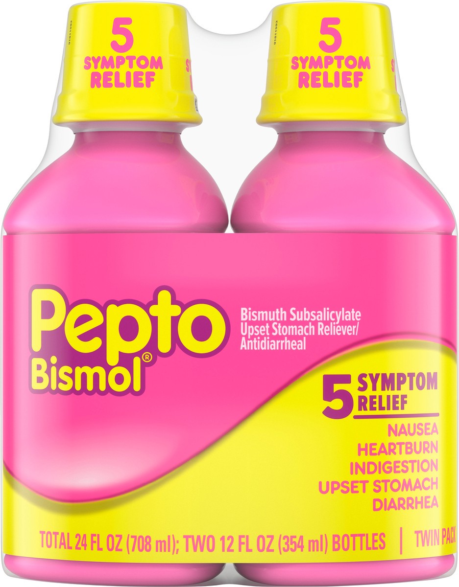 slide 2 of 3, Pepto-Bismol Liquid for Nausea, Heartburn, Indigestion, Upset Stomach, and Diarrhea Relief, Original Flavor 2x12 oz, 2 ct