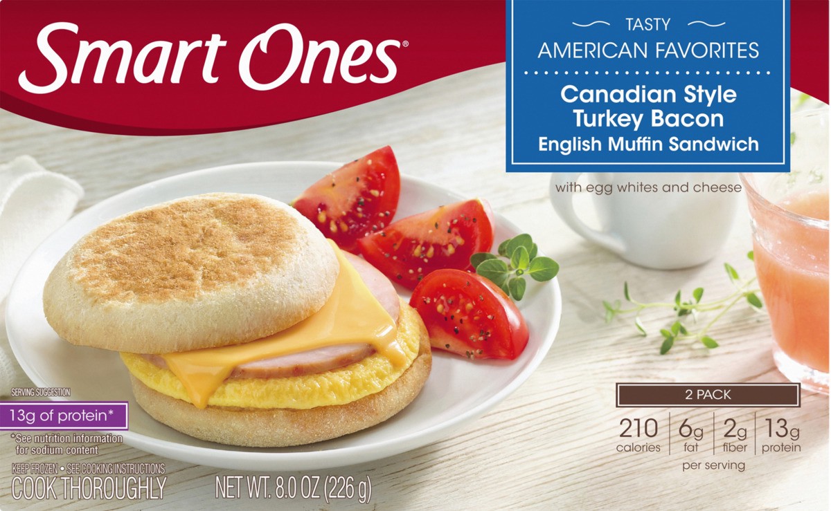 slide 7 of 8, Smart Ones Tasty American Favorites Canadian Style Turkey Bacon English Muffin Sandwiches 2 - 4 oz Boxes, 8 oz