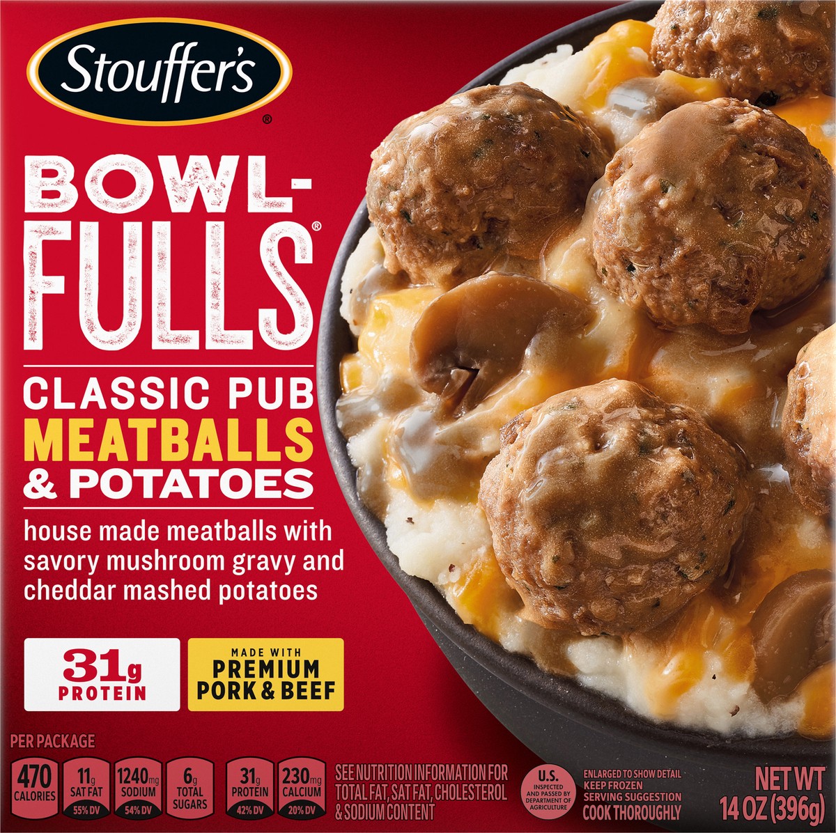 slide 9 of 15, Stouffer's Bowl-Fulls Classic Pub Meatballs & Mashed Potatoes Bowl Frozen Meal, 14 oz