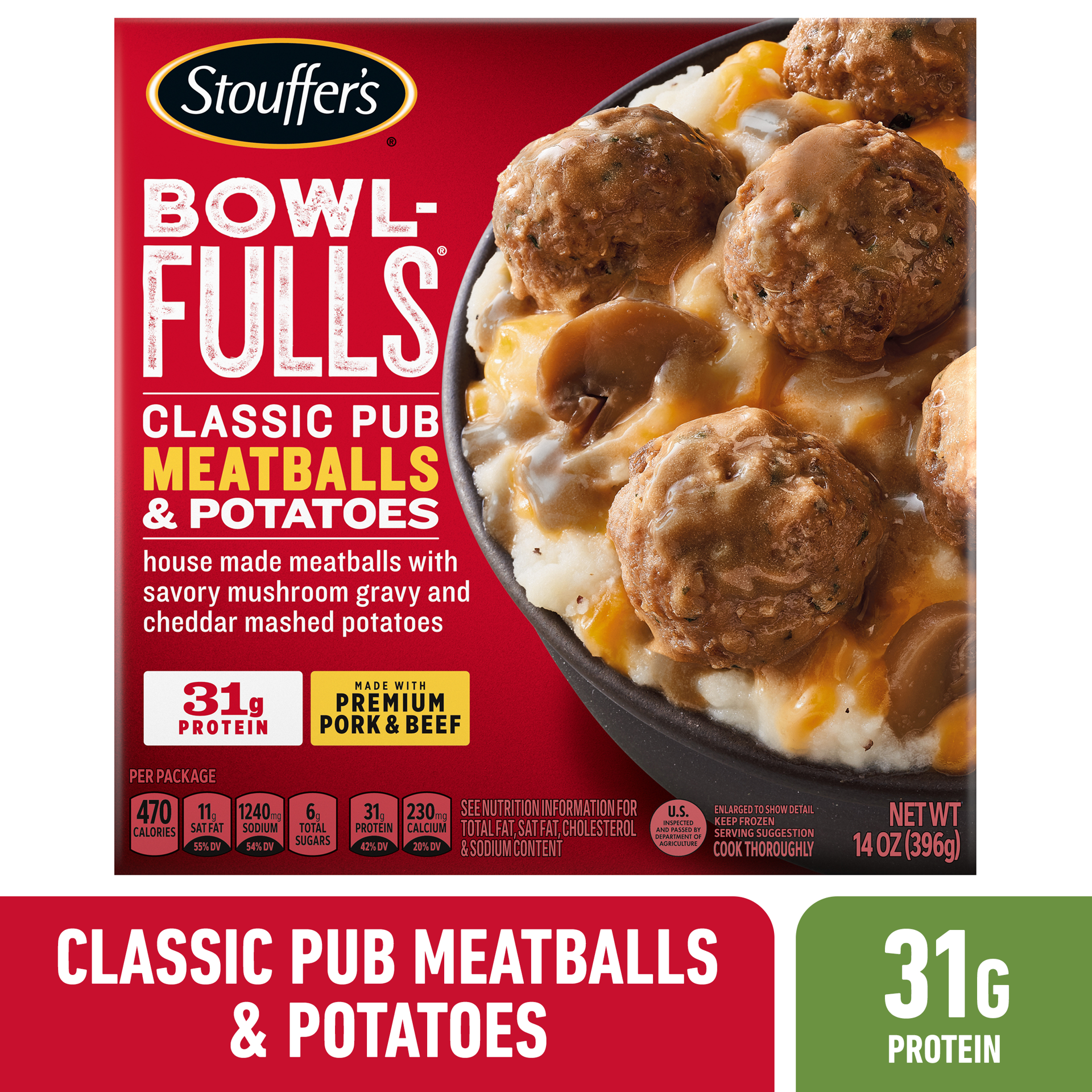 slide 1 of 15, Stouffer's Bowl-Fulls Classic Pub Meatballs & Mashed Potatoes Bowl Frozen Meal, 14 oz