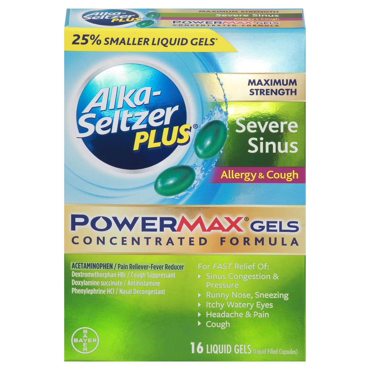slide 1 of 1, Alka-Seltzer Powermax Gels Liquid Gels Maximum Strength Sinus, Allergy & Cough 16 ea Box, 16 ct