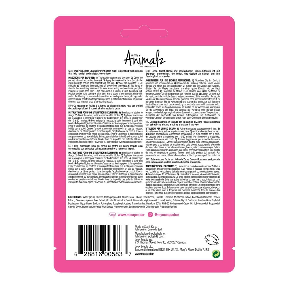 slide 2 of 3, Masque Bar Pretty Animalz Pink Zebra Sheet Mask, 0.71 fl oz