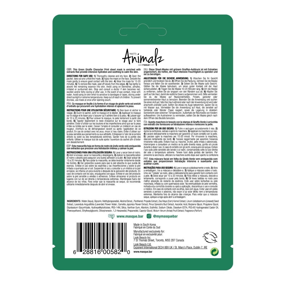 slide 2 of 3, Masque Bar Pretty Animalz Green Giraffe Sheet Mask, 21 ml