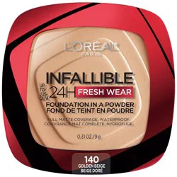 L'Oreal Paris Infallible Up to 24H Fresh Wear Foundation in a Powder - 140 Golden Beige - 0.31oz: Noncomedogenic, Full Coverage, Matte Finish