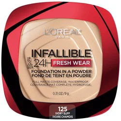 L'Oreal Paris Infallible Up to 24H Fresh Wear Foundation in a Powder - 125 Ivory Buff - 0.31oz: Full Coverage, Noncomedogenic