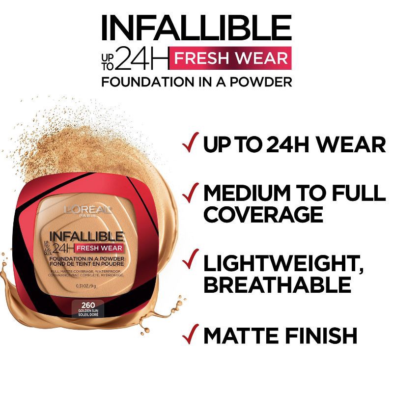 slide 3 of 6, L'Oreal Paris Infallible Up to 24H Fresh Wear Foundation in a Powder - 130 True Beige - 0.31oz, 0.31 oz