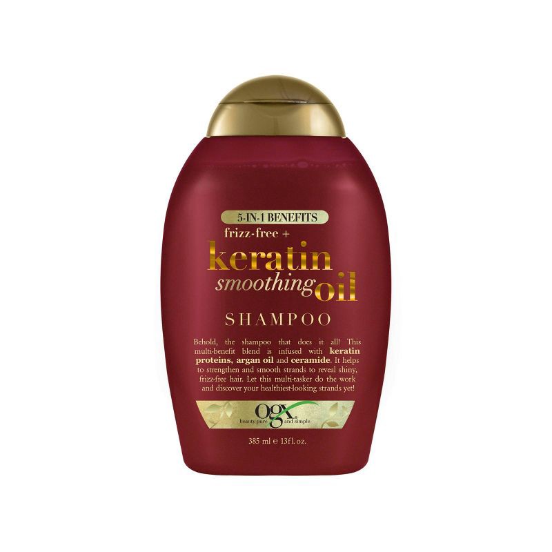 slide 1 of 1, OGX Frizz-Free + Keratin Smoothing Oil Shampoo, 5 in 1, for Frizzy Hair, Shiny Hair - 13 fl oz, 13 fl oz