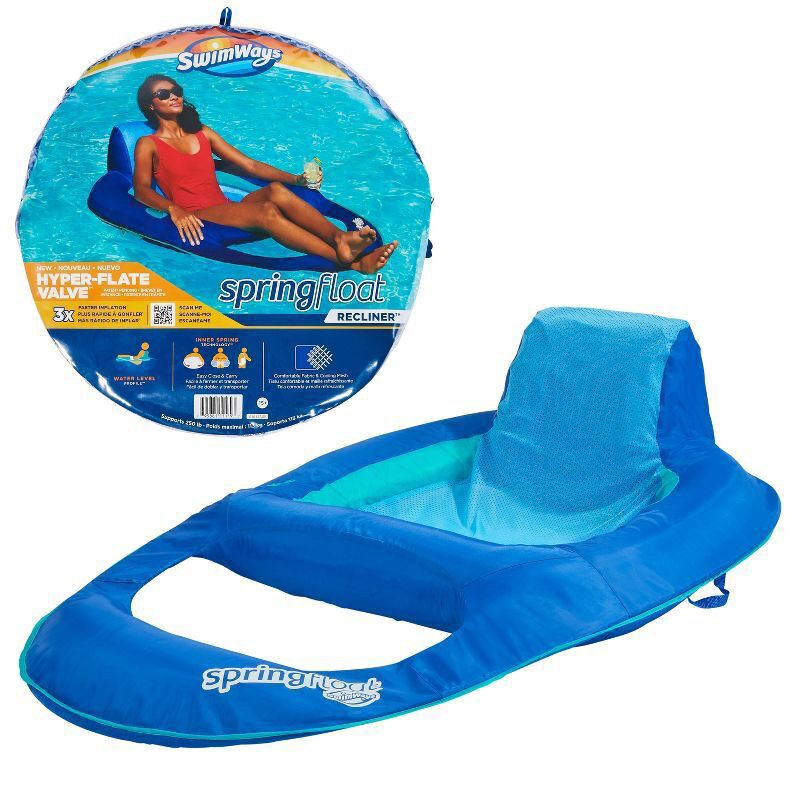 slide 12 of 12, SwimWays Spring Float Recliner Swim Lounger for Pool or Lake with Hyper-Flate Valve - Blue: Adult Pool Float Capacity 250 lbs, 250 lb