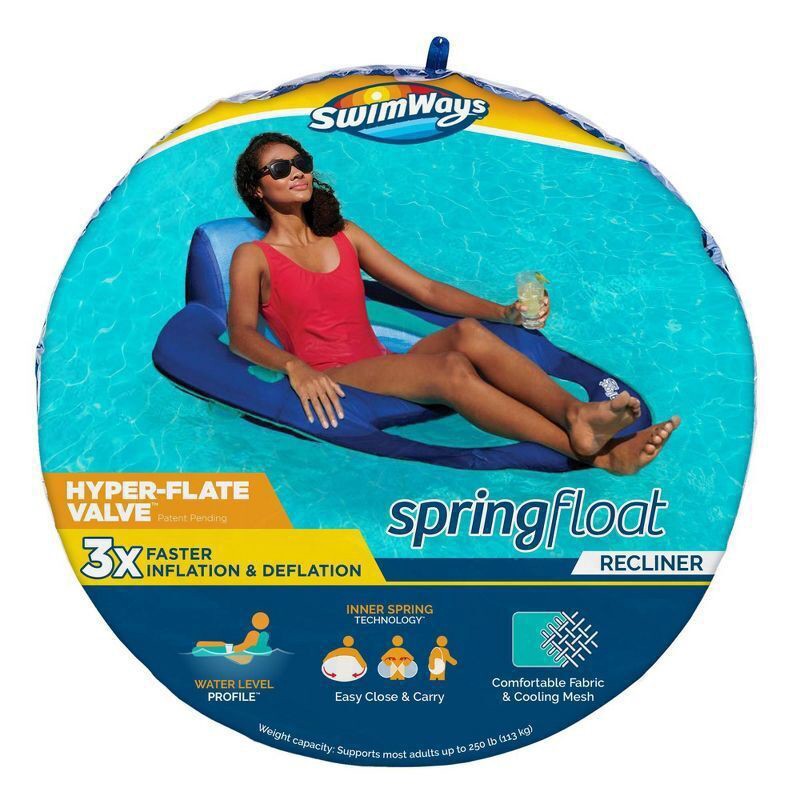 slide 9 of 12, SwimWays Spring Float Recliner Swim Lounger for Pool or Lake with Hyper-Flate Valve - Blue: Adult Pool Float Capacity 250 lbs, 250 lb