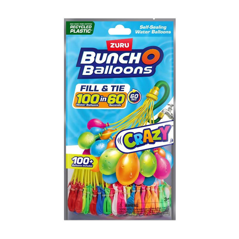 slide 1 of 10, Bunch O Balloons 3pk Rapid-Filling Self-Sealing Pool Water Balloons by ZURU - Crazy Colors: 100 Pieces, Latex Material, Ages 3+, 3 ct, 100 ct