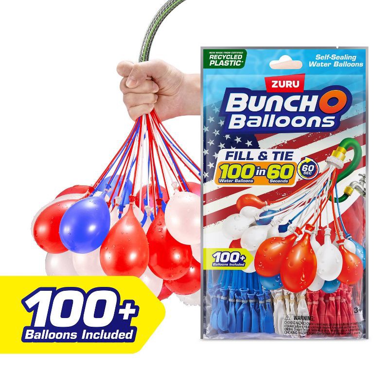 slide 1 of 7, Bunch O Balloons 3pk Rapid-Filling Self-Sealing Pool Water Balloons by ZURU - Red/White/Blue: Pool Games, 100 Pcs Set, 3 ct, 100 ct