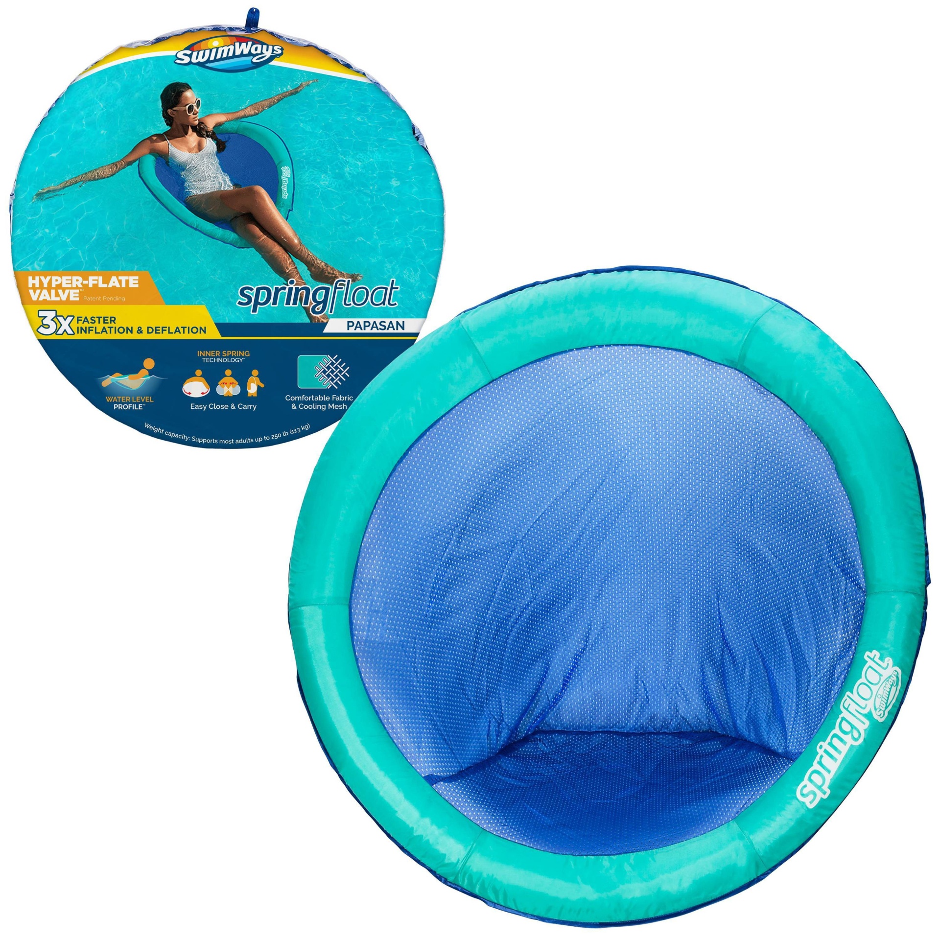 slide 1 of 11, SwimWays Spring Float Papasan Inflatable Pool Lounger with Hyper-Flate Valve - Aqua, 1 ct