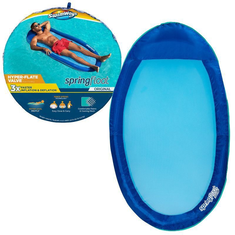 slide 8 of 14, SwimWays Spring Float Inflatable Pool Lounger with Hyper-Flate Valve Blue: Adult Float 15+, 1 ct