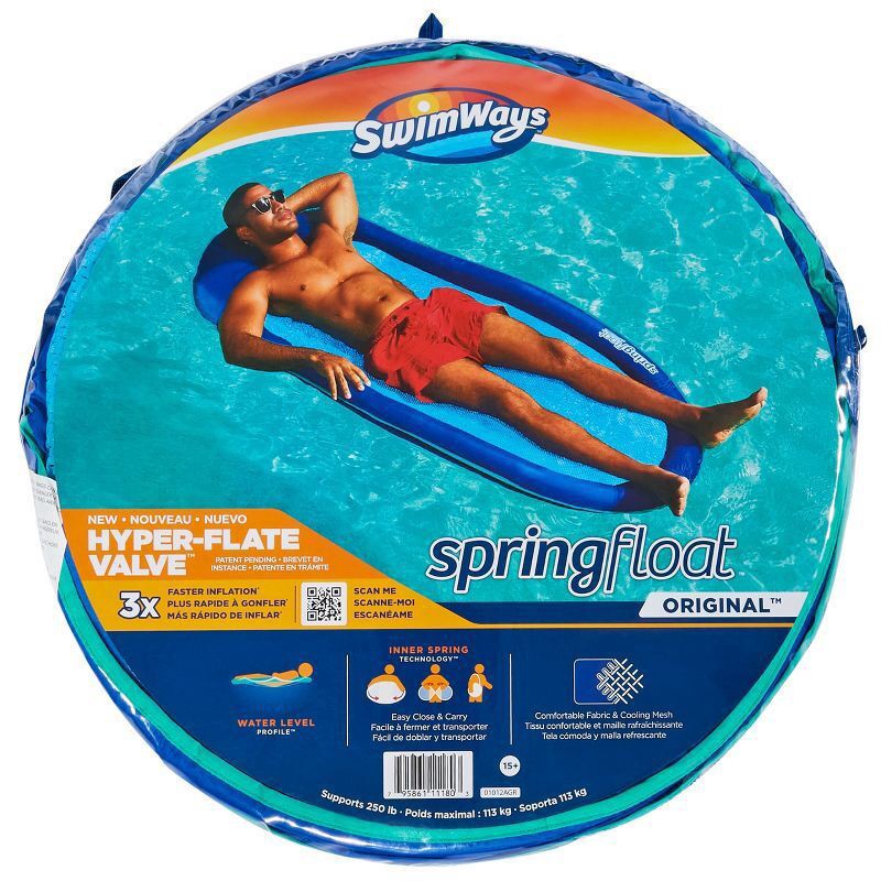slide 6 of 14, SwimWays Spring Float Inflatable Pool Lounger with Hyper-Flate Valve Blue: Adult Float 15+, 1 ct
