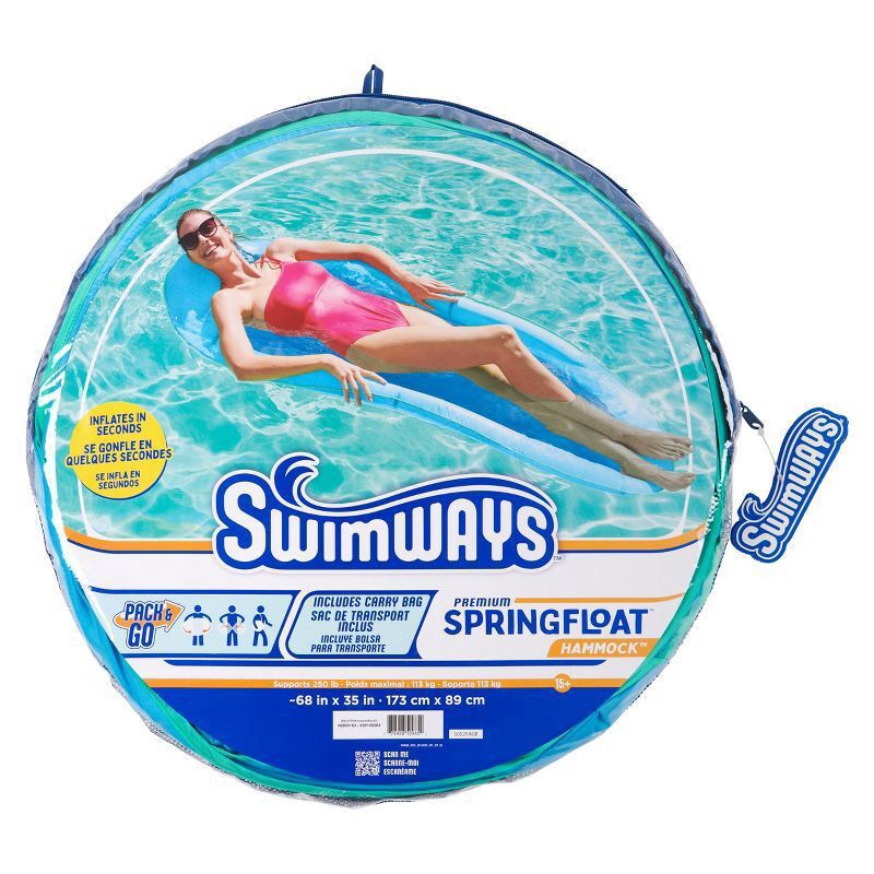 slide 4 of 14, SwimWays Spring Float Inflatable Pool Lounger with Hyper-Flate Valve Blue: Adult Float 15+, 1 ct
