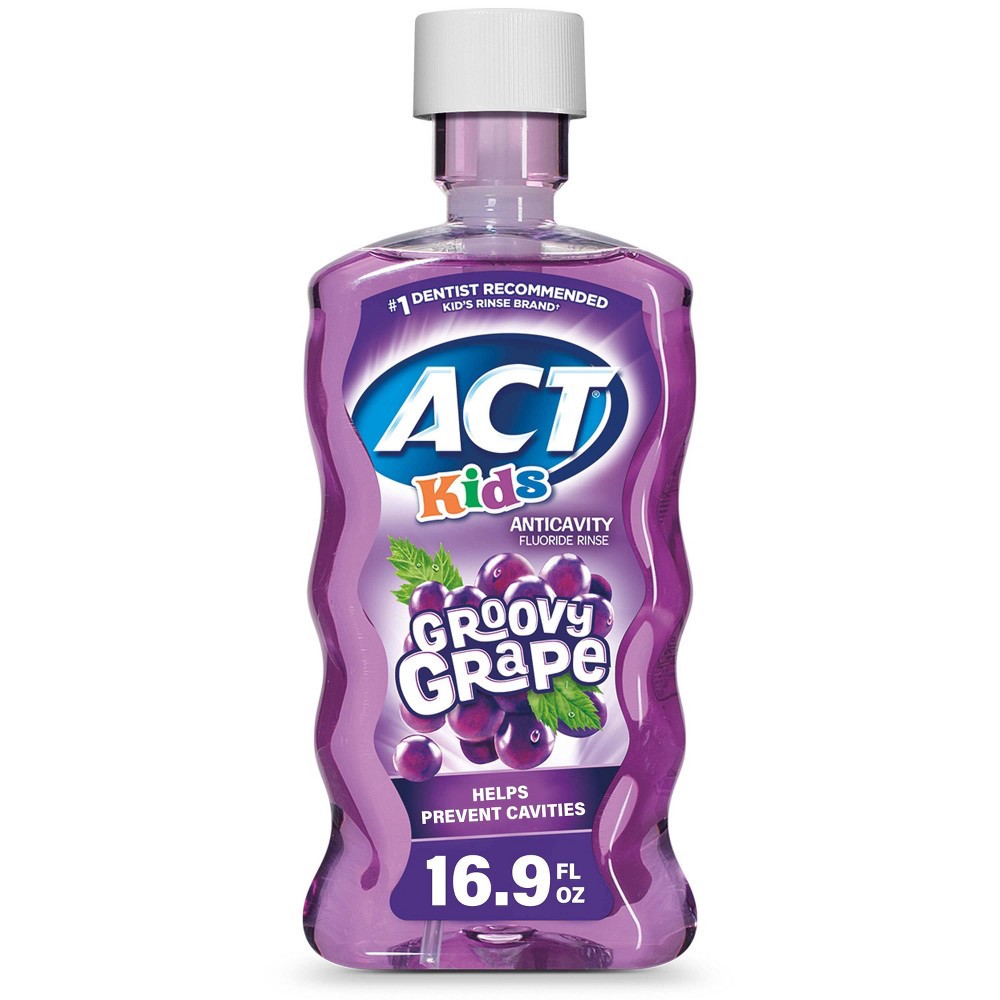 slide 5 of 7, ACT Kids Anti-Cavity Fluoride Rinse Groovy Grape Children's Mouthwash with Fluoride &; Exact Dosage Meter, 16.9 fl oz