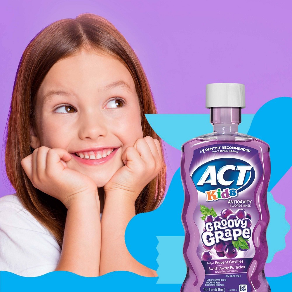 slide 4 of 7, ACT Kids Anti-Cavity Fluoride Rinse Groovy Grape Children's Mouthwash with Fluoride &; Exact Dosage Meter, 16.9 fl oz