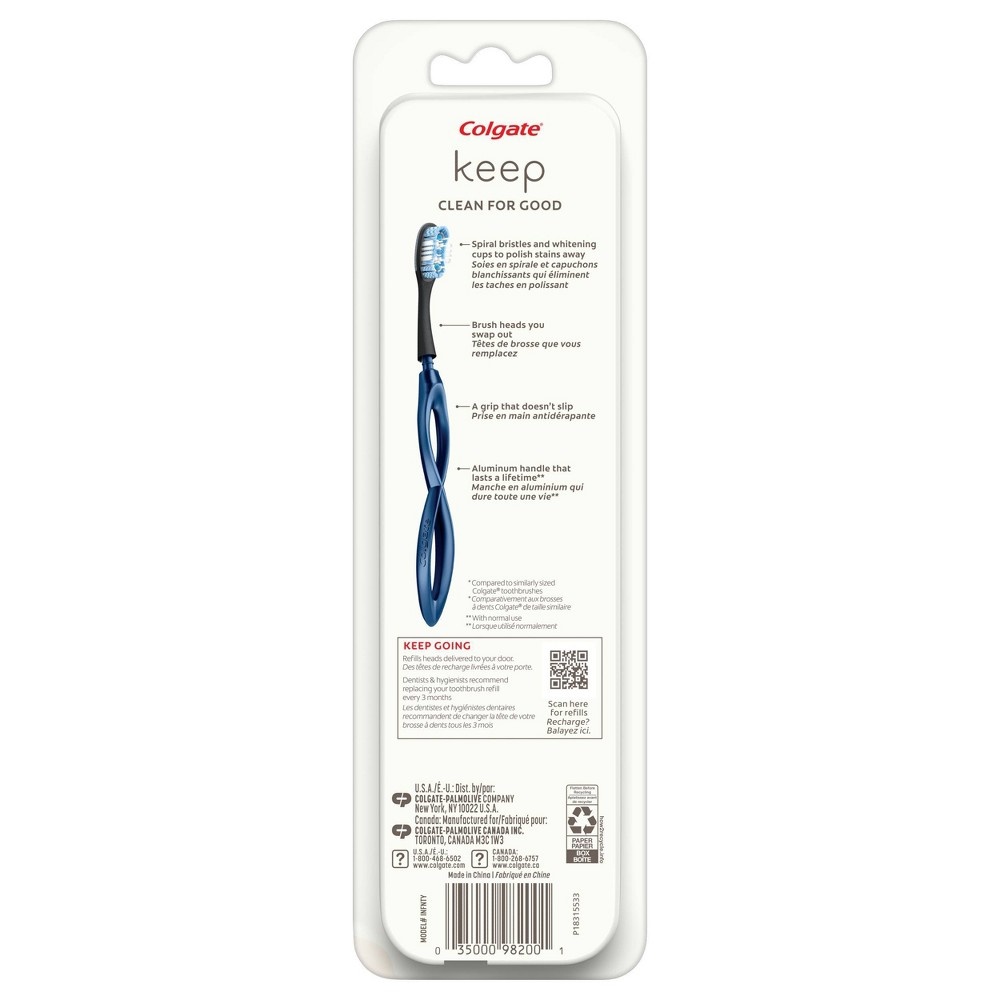 slide 3 of 5, Colgate Keep Manual Toothbrush - Whitening Starter Kit with 2 Replaceable Brush Heads - Navy, 1 ct