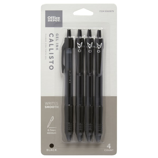 slide 1 of 2, Office Depot Callisto Retractable Gel Ink Pens, Medium Point, Black Barrel, Black Ink, 4 ct; 0.7 mm