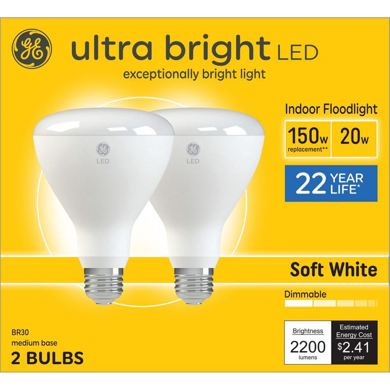 slide 1 of 7, GE Household Lighting GE 2pk 150W Ultra Bright BR30 LED Indoor Floodlight Soft White, 2 ct