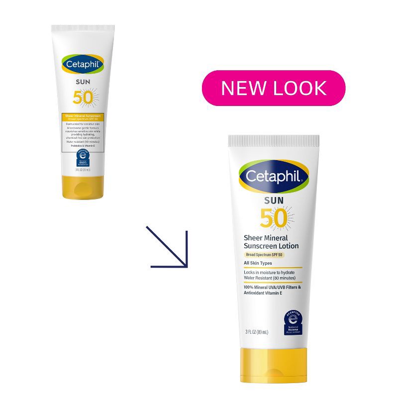 slide 3 of 8, Cetaphil Sheer Mineral Sunscreen Face & Body SPF 50 - 3 fl oz, 0 x 3 fl oz