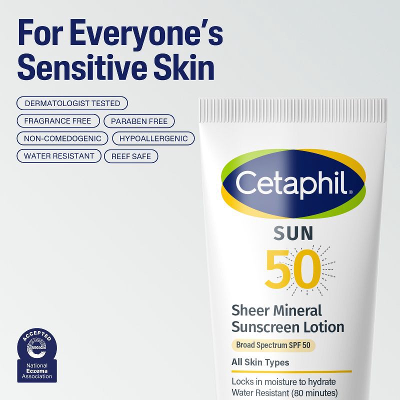 slide 8 of 8, Cetaphil Sheer Mineral Sunscreen Face & Body SPF 50 - 3 fl oz, 0 x 3 fl oz
