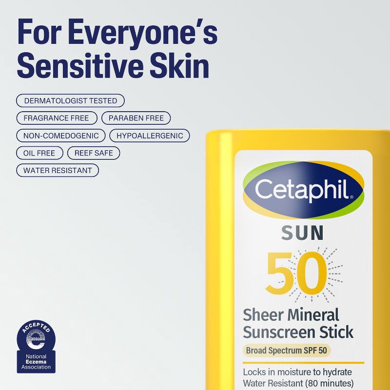 slide 6 of 9, Cetaphil Sheer Mineral Sunscreen Stick SPF 50, Face & Body - 0.5 fl oz, 0.5 fl oz