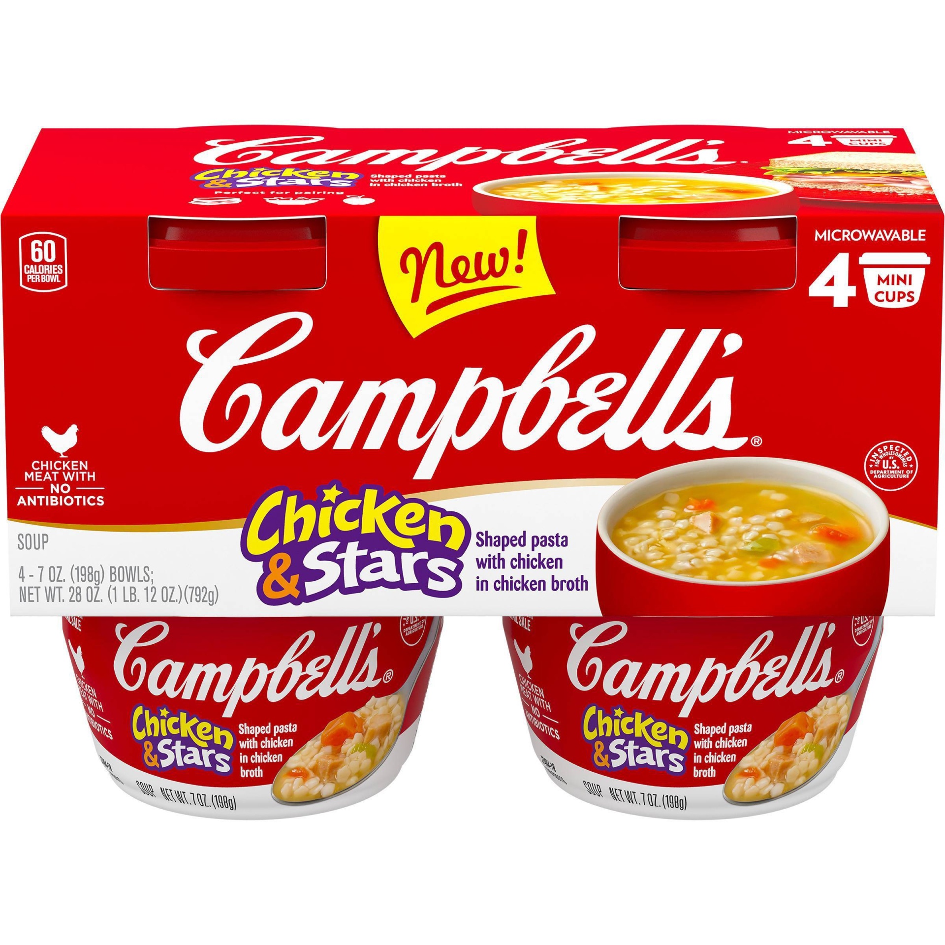 slide 1 of 7, Campbell's Chicken and Stars Soup Microwavable Mini Cups, 28 oz, 4 ct