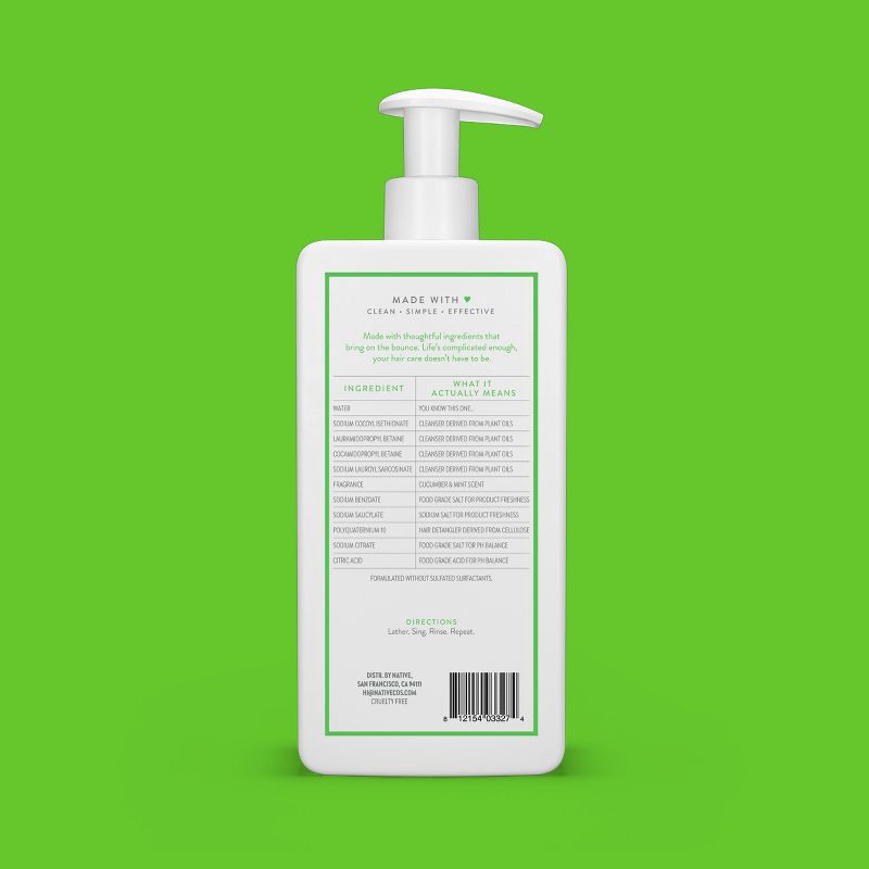 slide 10 of 11, Native Vegan Cucumber & Mint Natural Volume Shampoo, Clean, Sulfate, Paraben and Silicone Free - 16.5 fl oz, 16.5 fl oz