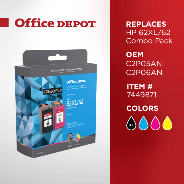 slide 2 of 5, Office Depot Brand Od62Xlk62C Remanufactured Ink Cartridge Replacement For Hp 62Xl/62 Black/Tricolor, Pack Of 2, 2 ct
