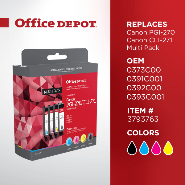 slide 2 of 5, Office Depot Brand Odpgi270Kcli271Cmy (Canon 0373C001 / 0391C001 / 0392C001 / 0393C001) Remanufactured Black/Cyan/Magenta/Yellow Ink Cartridges, 4 ct