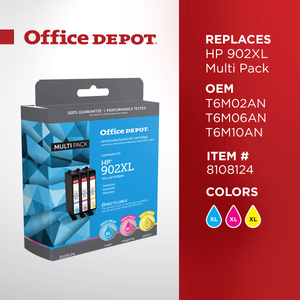 slide 3 of 5, Office Depot Brand Od902Xlcmynv3 (Hp 902Xl) High-Yield Remanufactured Cyan/Magenta/Yellow Ink Cartridges, Pack Of 3 Cartridges, 3 ct