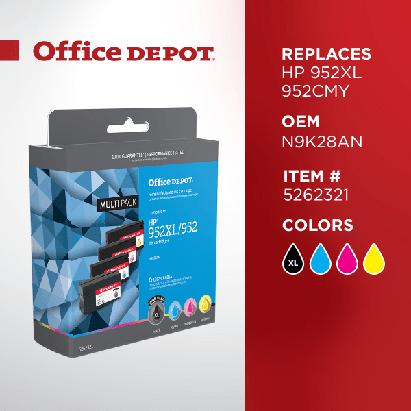 slide 3 of 5, Office Depot Brand Remanufactured N9K28An (Hp 952Xl/952) Inkjet Cartridges, Black/Cyan/Magenta/Yellow, Pack Of 4 Cartridges, 4 ct
