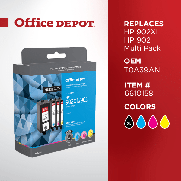 slide 3 of 5, Office Depot Brand Od902Xlk902Cmyv3 (Hp 902Xl And 902/Toa39An) Remanufactured Black/Cyan/Magenta/Yellow Inkjet Cartridges, Pack Of 4 Cartridges, 4 ct