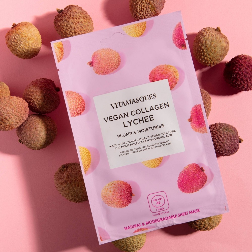 slide 2 of 4, Vitamasques Vegan Collagen Lychee Sheet Mask, 0.71 fl oz