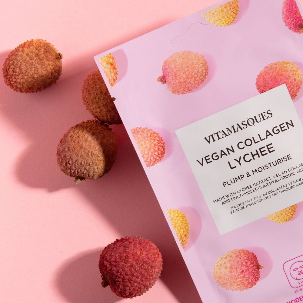 slide 3 of 4, Vitamasques Vegan Collagen Lychee Sheet Mask, 0.71 fl oz