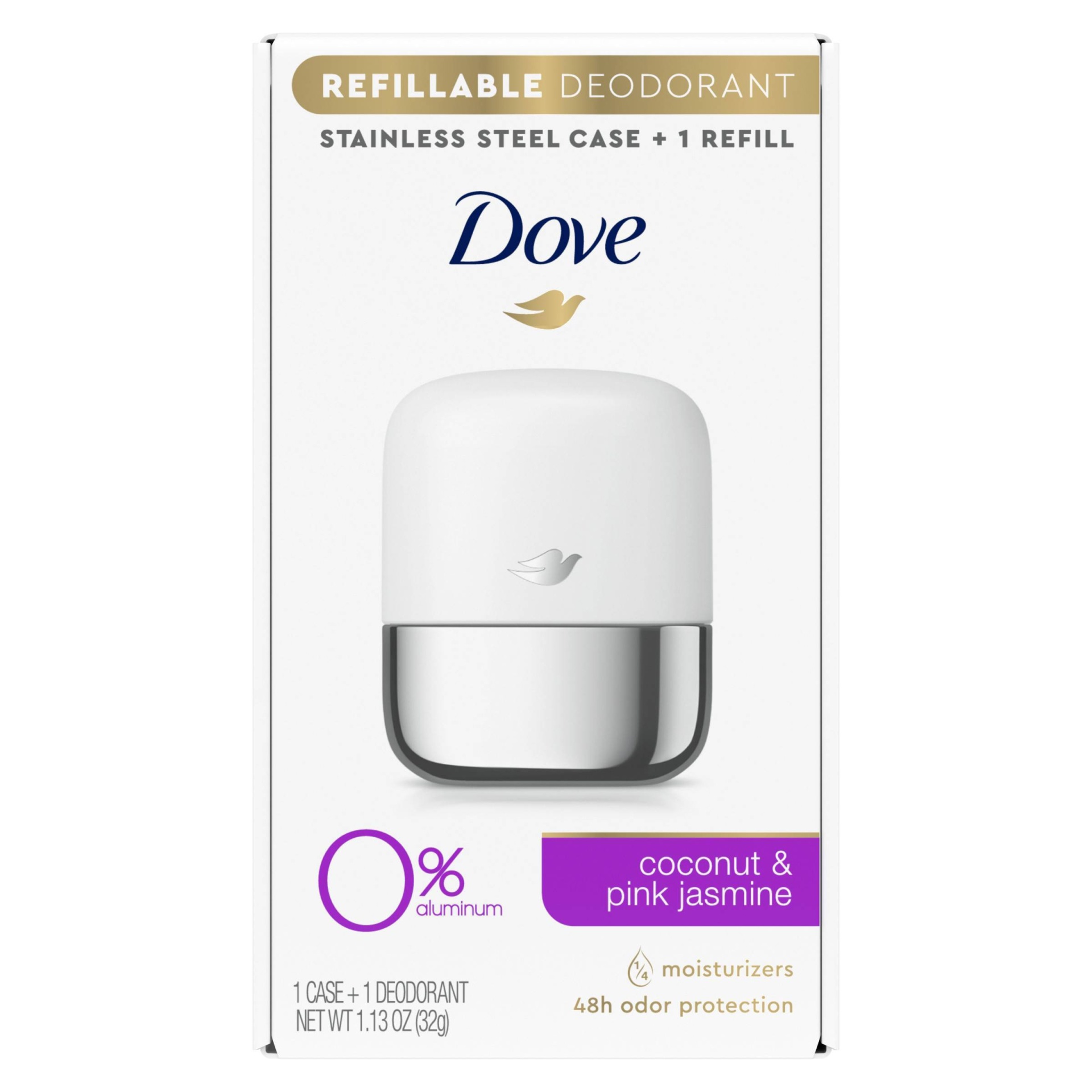 slide 1 of 8, Dove Beauty 0% Aluminum Coconut & Pink Jasmine Refillable Deodorant Stainless Steel Case + 1 Refill - 1.13oz, 1.13 oz