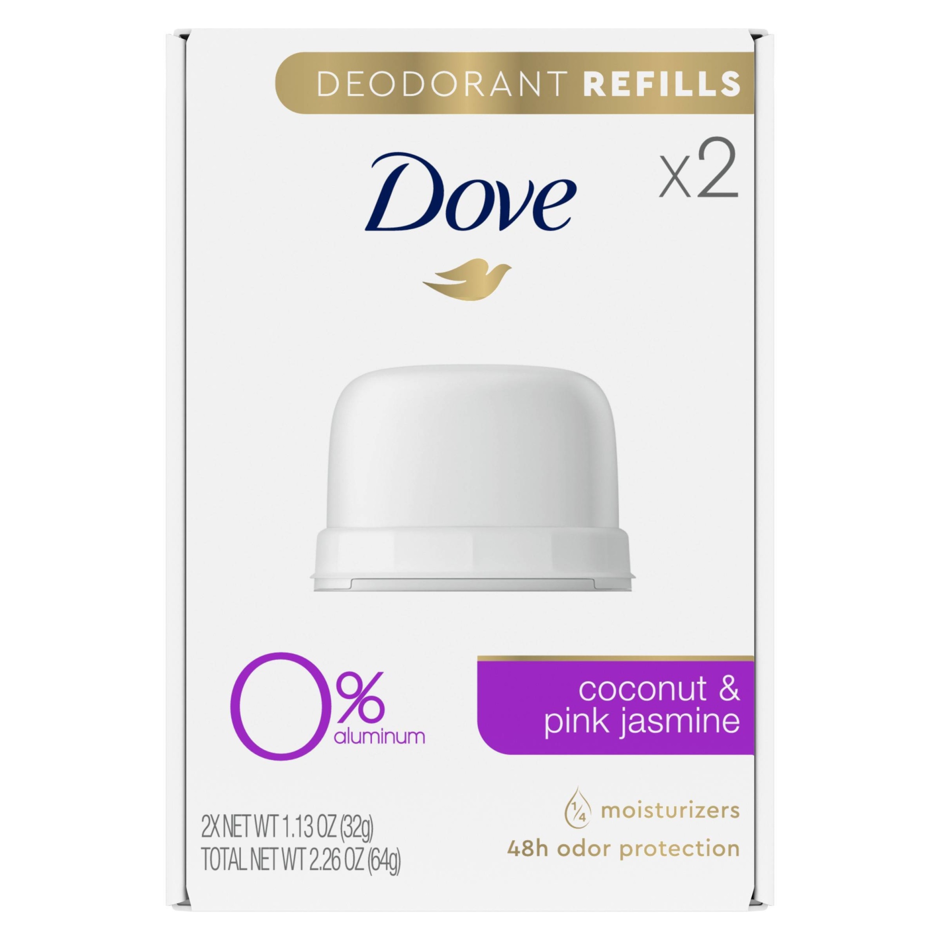 slide 1 of 8, Dove Beauty 0% Aluminum Coconut & Pink Jasmine Deodorant Refills - 1.13oz/2pk, 1.13 oz, 2 ct