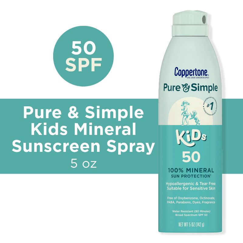 slide 3 of 14, Coppertone Pure & Simple Kid's Sunscreen Spray - SPF 50 - 5oz, 50 ct; 5 oz