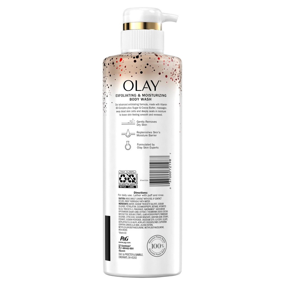 slide 4 of 5, Olay Exfoliating & Moisturizing Body Wash with Sugar, Cocoa Butter and Vitamin B3 - 17.9 fl oz, 3 x 17.9 fl oz