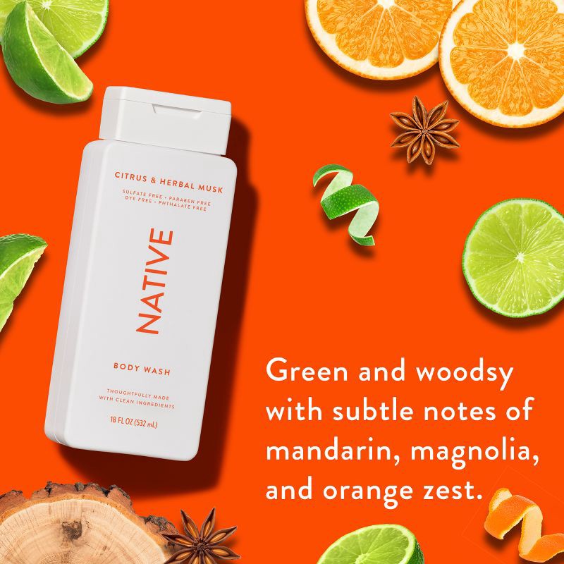 slide 4 of 10, Native Body Wash for Men & Women - Citrus & Herbal Musk - Sulfate Free - 18 fl oz, 18 fl oz