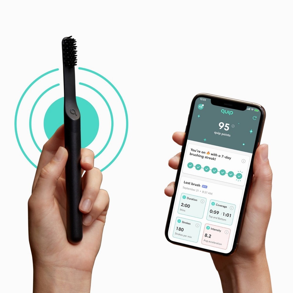 slide 2 of 19, quip Plastic Smart Electric Toothbrush Starter Kit Minute Timer, Bluetooth, Free App + Travel Case - All-White, 1 ct