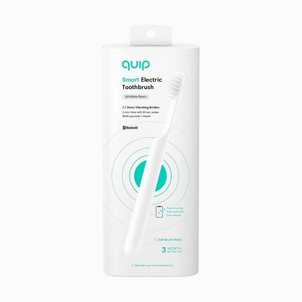 slide 18 of 19, quip Plastic Smart Electric Toothbrush Starter Kit Minute Timer, Bluetooth, Free App + Travel Case - All-White, 1 ct