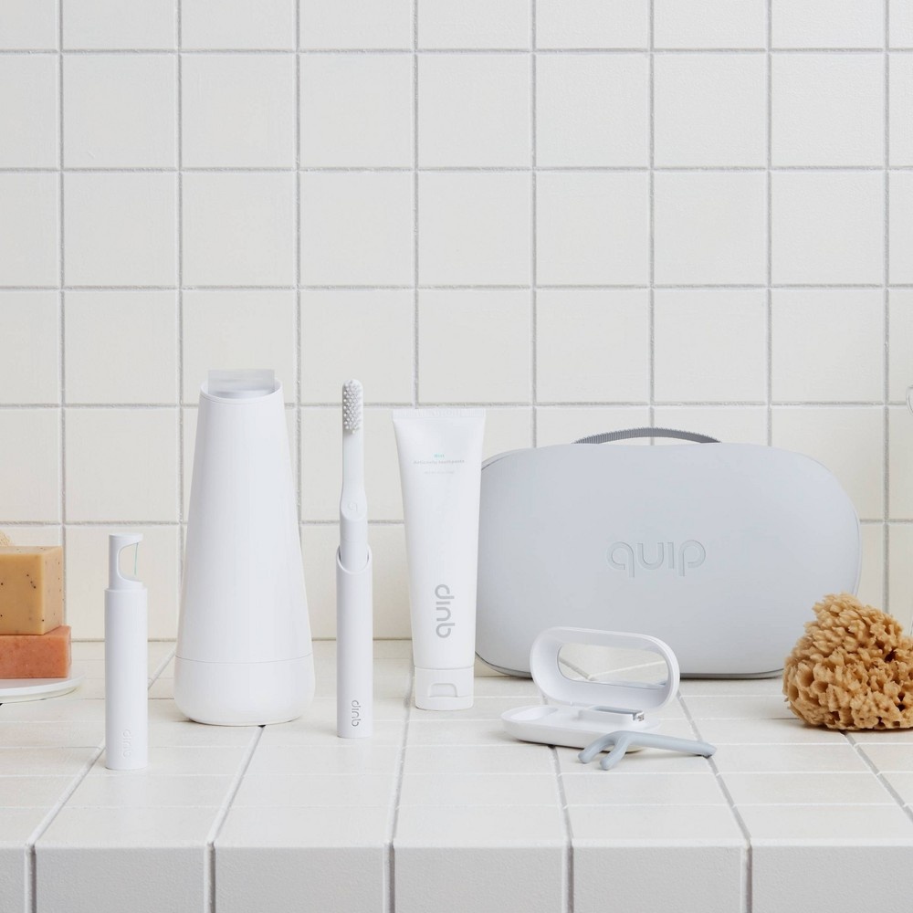 slide 16 of 19, quip Plastic Smart Electric Toothbrush Starter Kit Minute Timer, Bluetooth, Free App + Travel Case - All-White, 1 ct