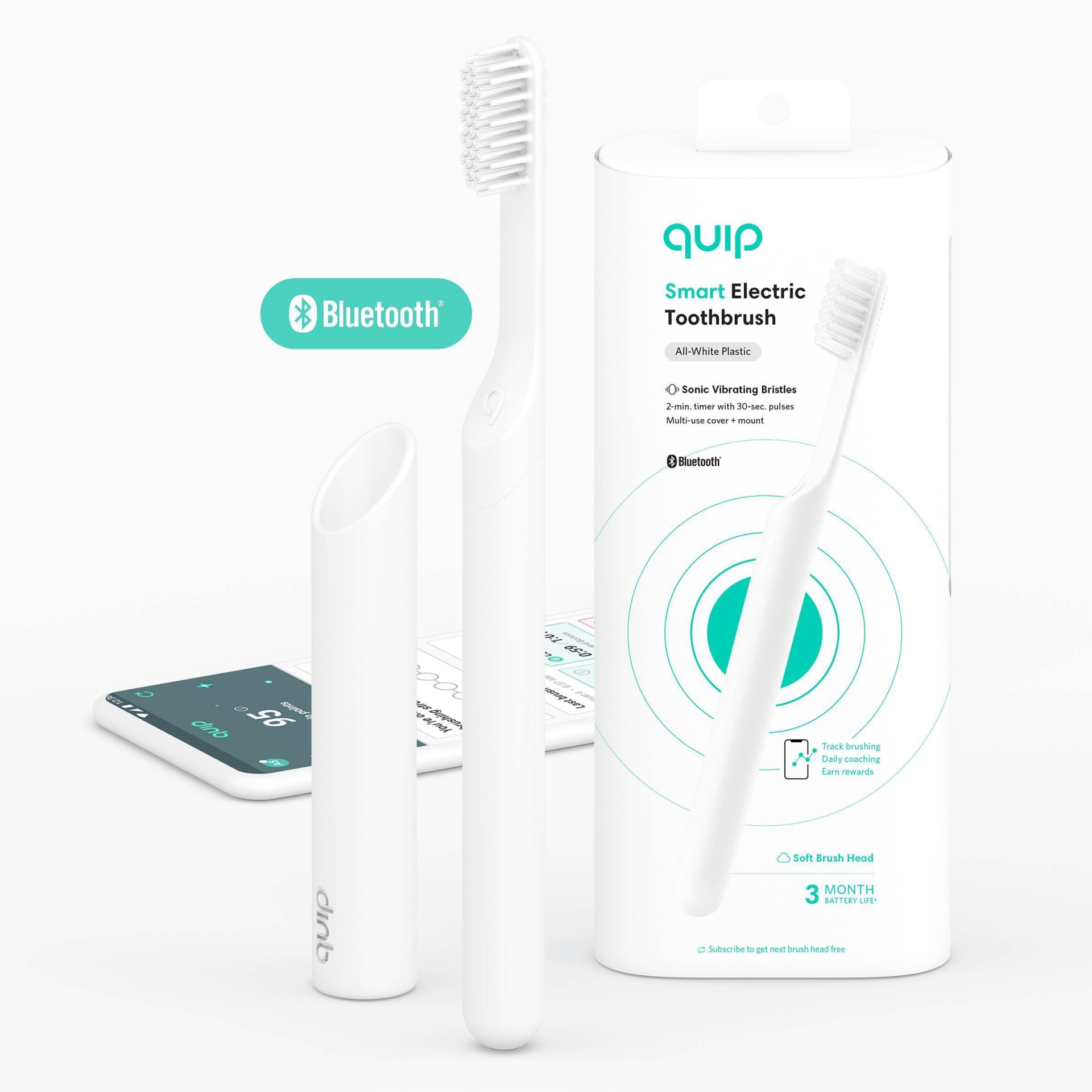 slide 1 of 19, quip Plastic Smart Electric Toothbrush Starter Kit Minute Timer, Bluetooth, Free App + Travel Case - All-White, 1 ct