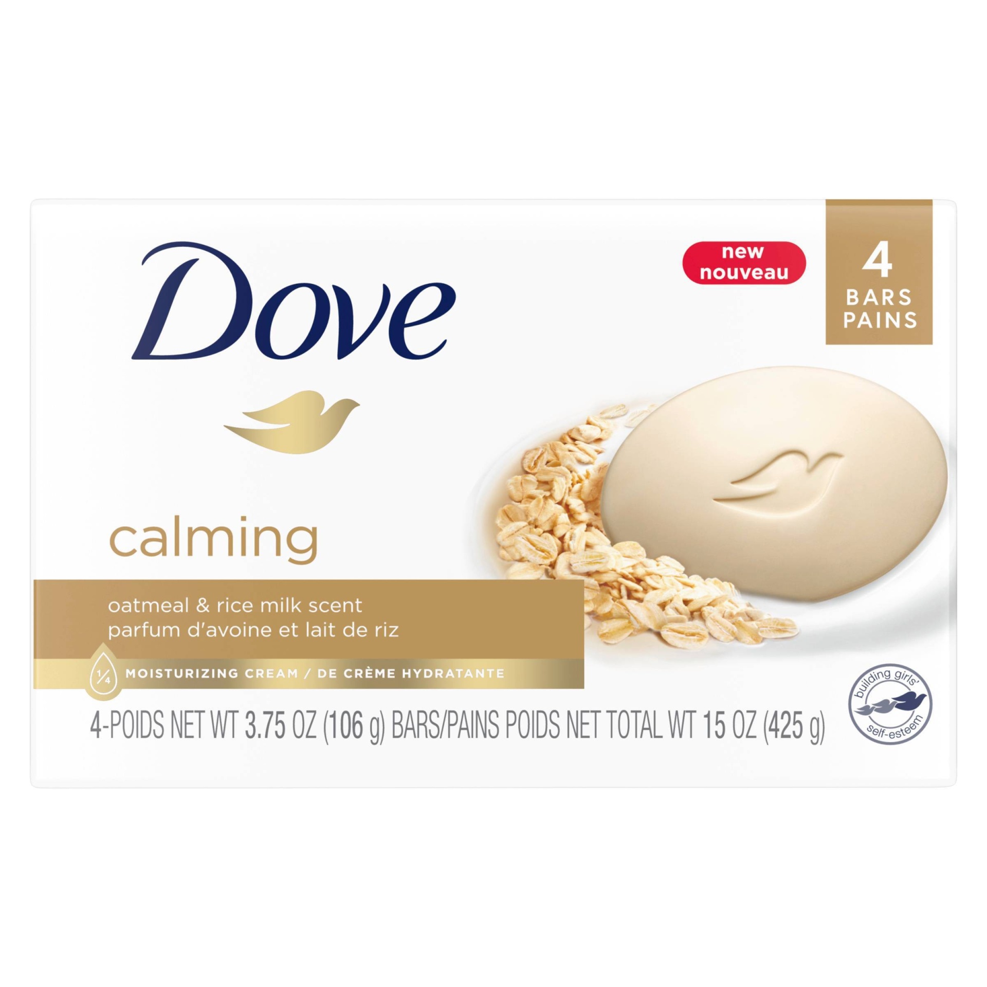 slide 1 of 5, Dove Beauty Dove Calming Oatmeal & Rice Milk Moisturizing Beauty Bar Soap, 3.75 oz, 4 ct