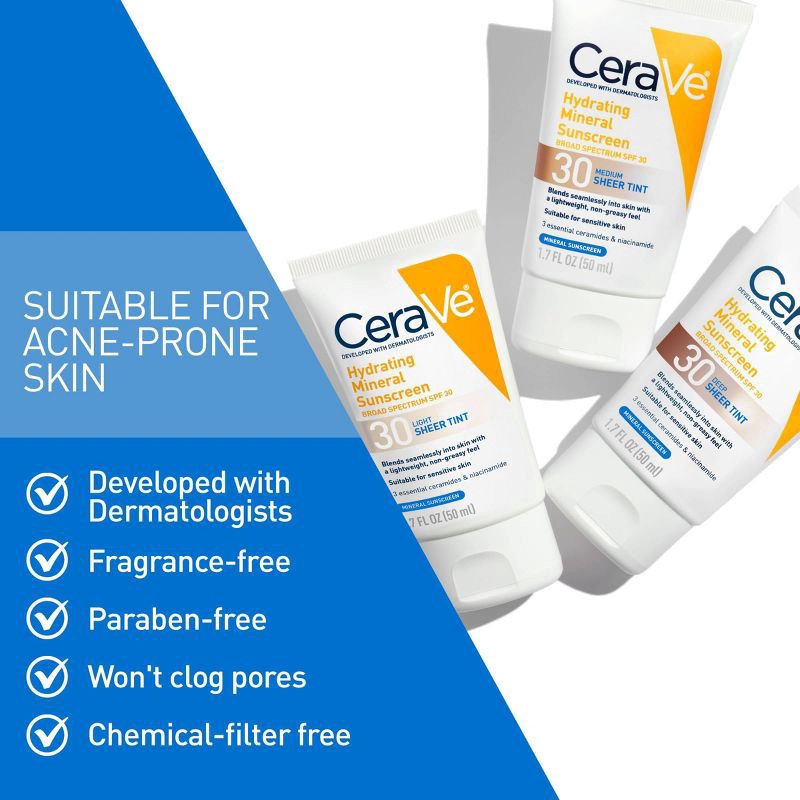 slide 6 of 11, CeraVe Hydrating Mineral Tinted Face Sunscreen Lotion - SPF 30 - Medium - 1.7 fl oz, 1.7 fl oz