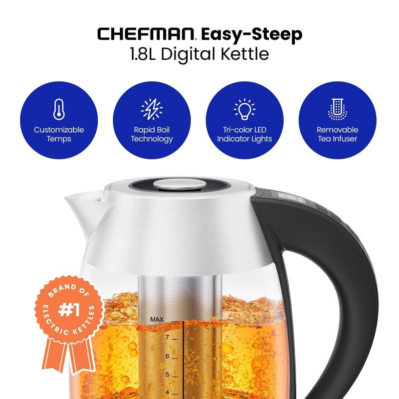 slide 2 of 8, Chefman 1.8L Rapid-Boil Kettle with Temperature Control and Tea Infuser - Stainless Steel, 1.8 liter